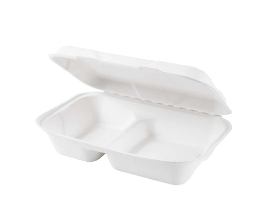 9'' x 6'' x 2.5'' BAGASSE HINGED LID CONTAINER - 2 COMPARTMENT