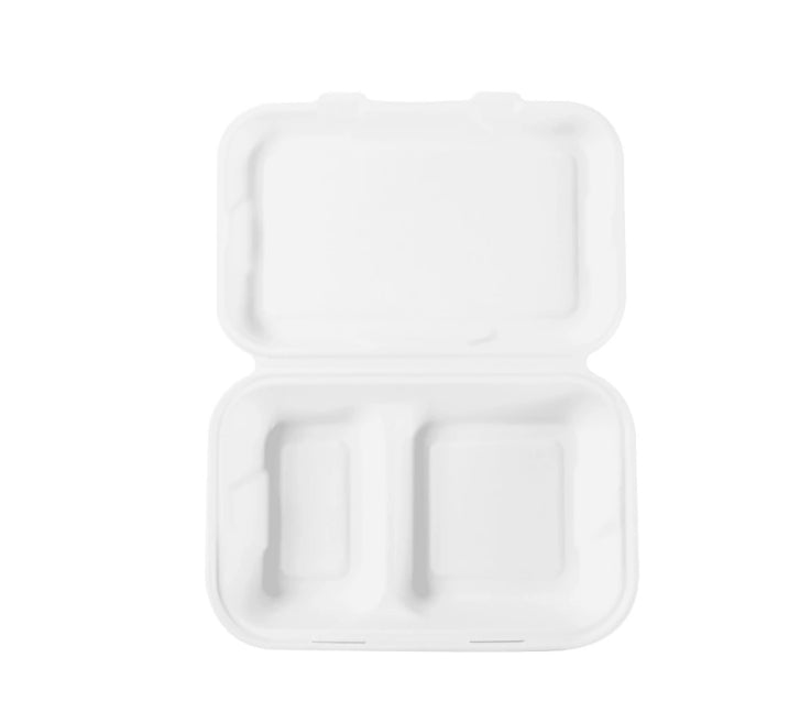 9'' x 6'' x 2.5'' BAGASSE HINGED LID CONTAINER - 2 COMPARTMENT