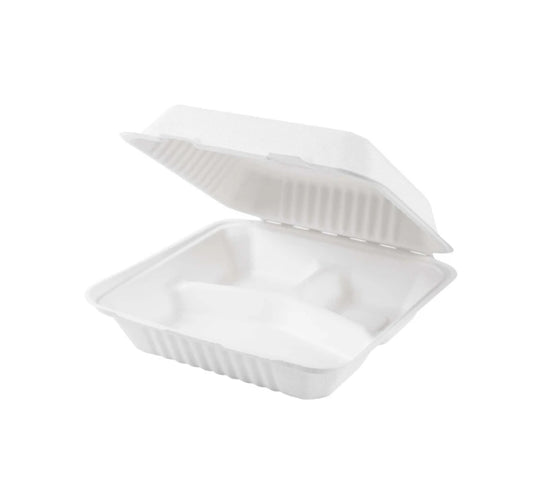 9'' x 9'' x 3'' BAGASSE HINGED LID CONTAINER - 3 COMPARTMENT