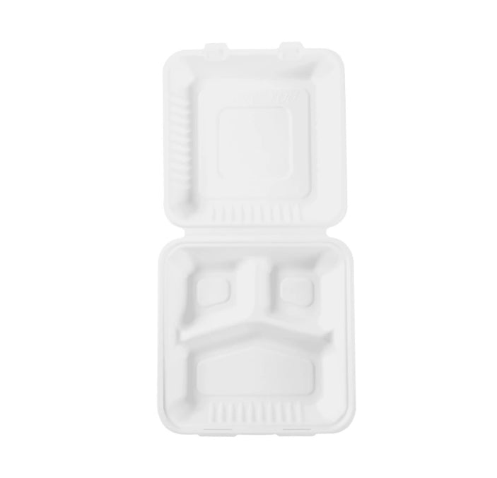 9'' x 9'' x 3'' BAGASSE HINGED LID CONTAINER - 3 COMPARTMENT