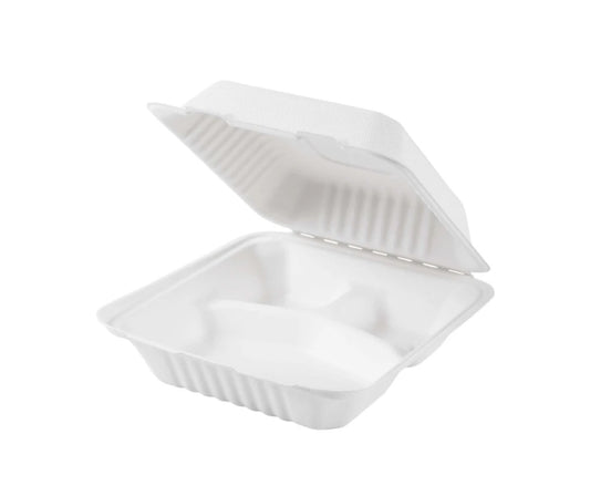 8'' x 8'' x 3'' BAGASSE HINGED LID CONTAINER - 3 COMPARTMENT