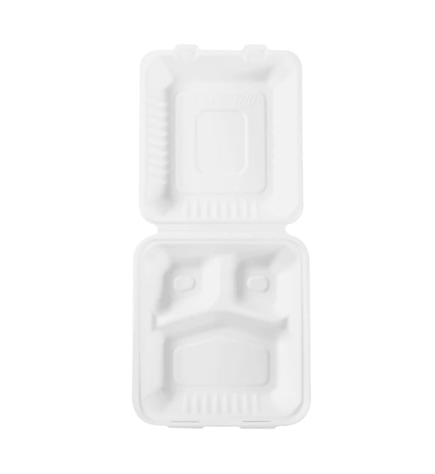 8'' x 8'' x 3'' BAGASSE HINGED LID CONTAINER - 3 COMPARTMENT